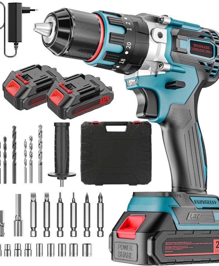 Brushless Perceuse Visseuse Percussion Sans Fil 21V, Visseuse Devisseuse Sans Fil (24 Accessoires, 2 Vitesses, 2 Batteries 2,0Ah, 55 Nm, 23+3 Réglages de Couple)