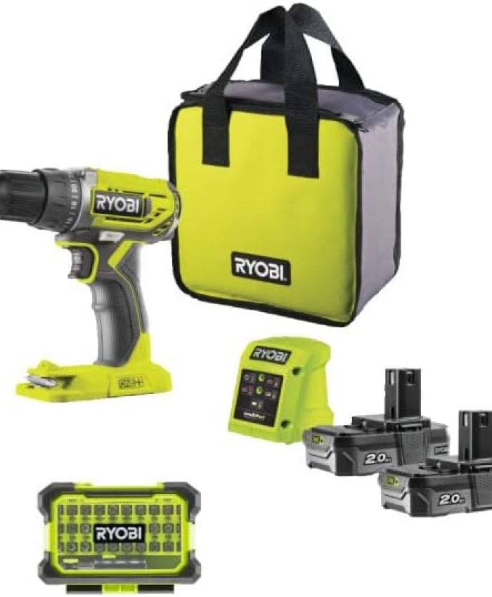 Pack RYOBI – Perceuse Visseuse R18DD2-220S – 18V One Plus – 2 batteries 2,0Ah – 1 chargeur – Coffret antichocs 31 accessoires de vissage RAK31MSD