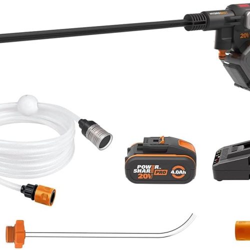 WORX Nitro – Nettoyeur Haute Pression Hydroshot sans Fil Brushless – 20V – 4.0Ah – WG633E (livré avec Batterie et Chargeur, Tuyau de 6m, Lance Longue, buse à Jets Multiples, etc)