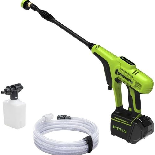 Greenworks G24PW Nettoyeur Haute Pression Sans Fil Portatif – 24Bar, 180L/heure, 300W Bouteille Détergent, Tuyau Siphon 6m, SANS Batterie 24V ni Chargeur, Garantie 3 Ans