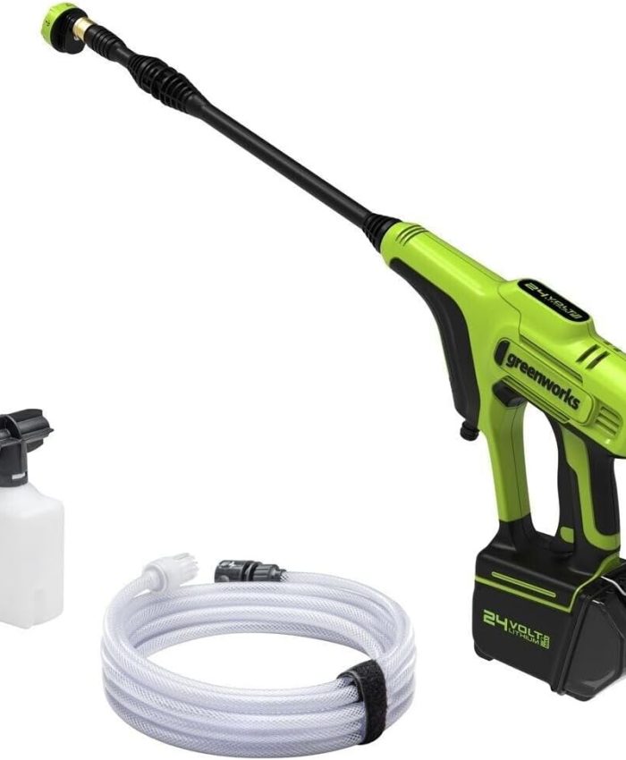 Greenworks G24PW Nettoyeur Haute Pression Sans Fil Portatif – 24Bar, 180L/heure, 300W Bouteille Détergent, Tuyau Siphon 6m, SANS Batterie 24V ni Chargeur, Garantie 3 Ans