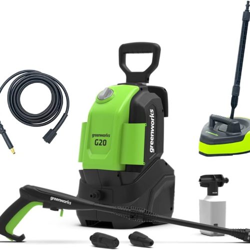 Greenworks Nettoyeur haute pression G20 Compact, 110 bar, 456 L/h, 1400w, avec tuyau de 5 m et accessoires de nettoyage, garantie de 3 ans