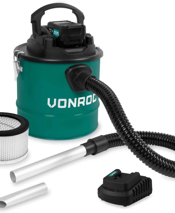 VONROC Aspirateur à Cendres 20V – Réservoir 12L – Filtre HEPA – Batterie 4.0Ah et Chargeur Rapide Inclus