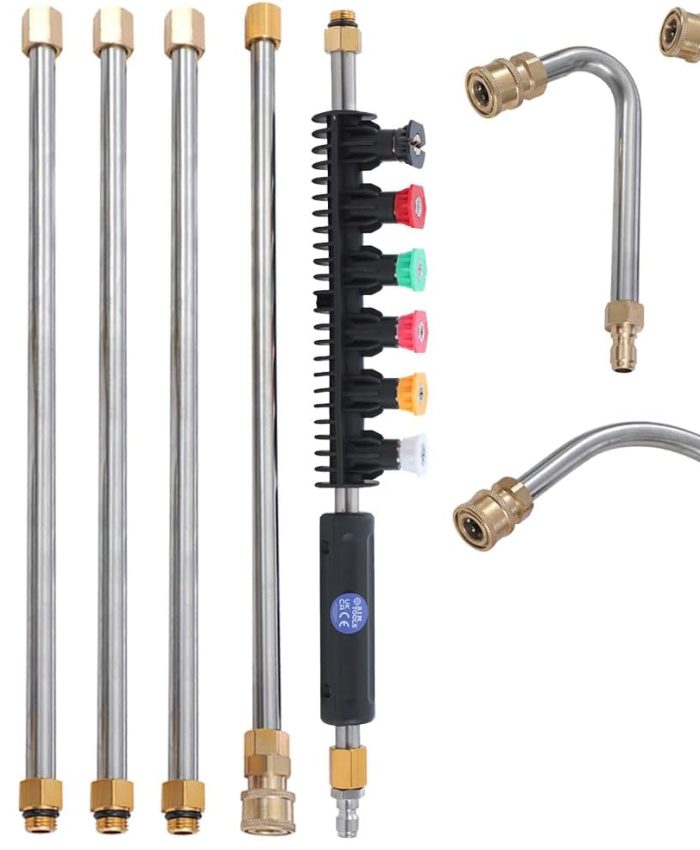 AIM Tools Rallonge de Lance pour Nettoyeur Haute Pression 10 Pièces 4000PSI Lance Nettoyeur de Toit avec 5 Embouts de Buse, Connexion Rapide de 1/4&Prime;, Kit de Nettoyage de Gouttière