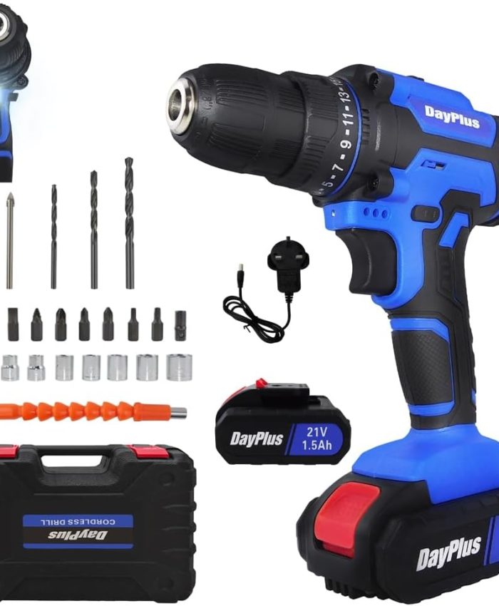 Perceuse électrique sans fil 21 V, tournevis à main avec réglage de couple 25 + 1, batterie Li-ion 1,5 Ah et chargeur rapide, perceuse à percussion combinée à 2 vitesses, verrou de sécurité 3/8&Prime;