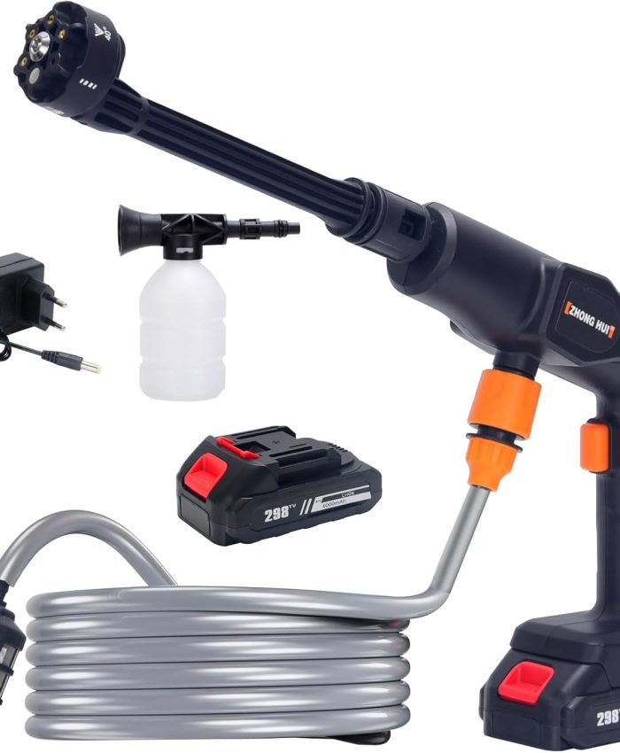 Umelee Nettoyeur Haute Pression sans Fil, Pistolet Portable Électrique 21V avec 2 Batteries, Buse 6 en 1, Tuyau 5m, Pistolet de Lavage Haute Pression pour Voiture Maison Jardin Cour Voyage