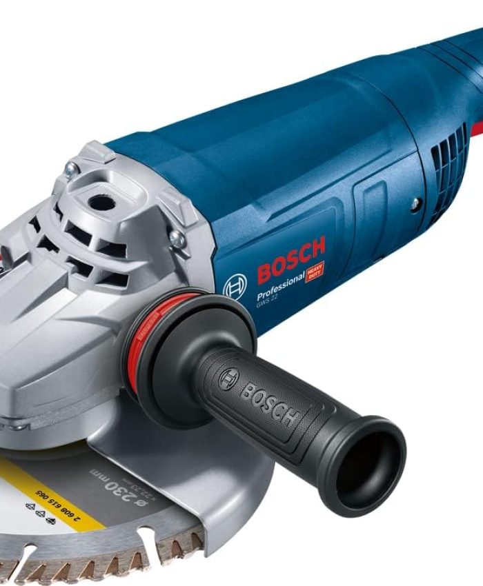 Bosch Professional Meuleuse d&rsquo;angle GWS 22-230 J (2 200 W, poignée supl. anti-vibrations incl., bride de fixation, écrou serrage, capot protection, clé à ergots, disque à tronçonner diamanté, Bleu