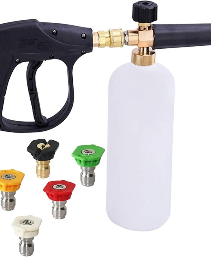Stone Banks Pistolet à Haute Pression Cannon à Mousse, 1L Réglable 1/4&Prime; Rapide Lance de Mousse de Neige Distributeur de Savon Bouteille avec 5 Buses pour Lavage de Voiture