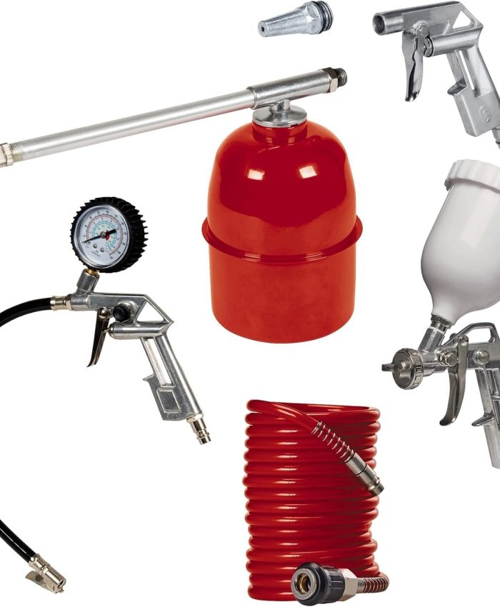 Einhell Kit de 5 accessoires pour Compresseur (Manomètre, Pistolet d&rsquo;aspiration, Pistolet à peinture, Pistolet spray métal et Tuyau spirale)