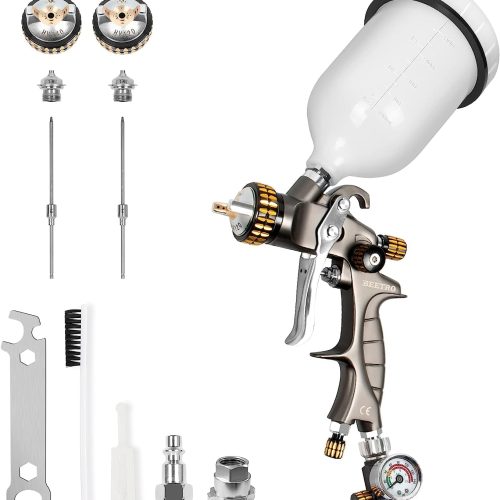 BEETRO Pistolet à air HVLP, 600ml Capacité 14.5CFM 30-43psi Buses 1.4mm/1.8mm avec Adaptateur Type 2 Valve de Contrôle d&rsquo;Air et Filtre Pulvérisateur Professionnel à Alimentation par Gravité Automobile