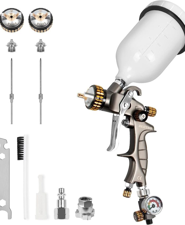 BEETRO Pistolet à air HVLP, 600ml Capacité 14.5CFM 30-43psi Buses 1.4mm/1.8mm avec Adaptateur Type 2 Valve de Contrôle d&rsquo;Air et Filtre Pulvérisateur Professionnel à Alimentation par Gravité Automobile