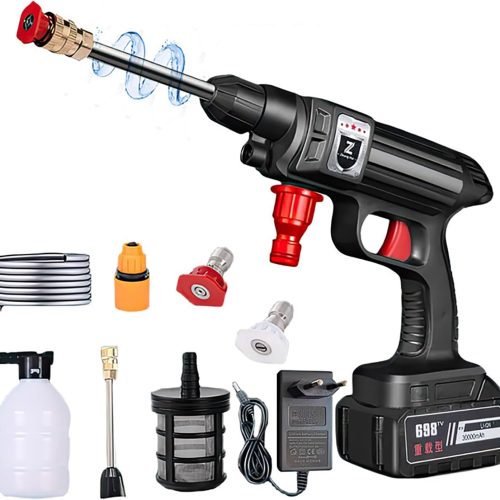 Alimenté par Pile Nettoyeur Haute Pression sur Batterie,30Bar 1500W 150 PSI Nettoyeur Haute Pression sans Fil Portable avec Accessoires, Watering Flowers, Cleaning Floors(EU)(10000mAh Batterie)