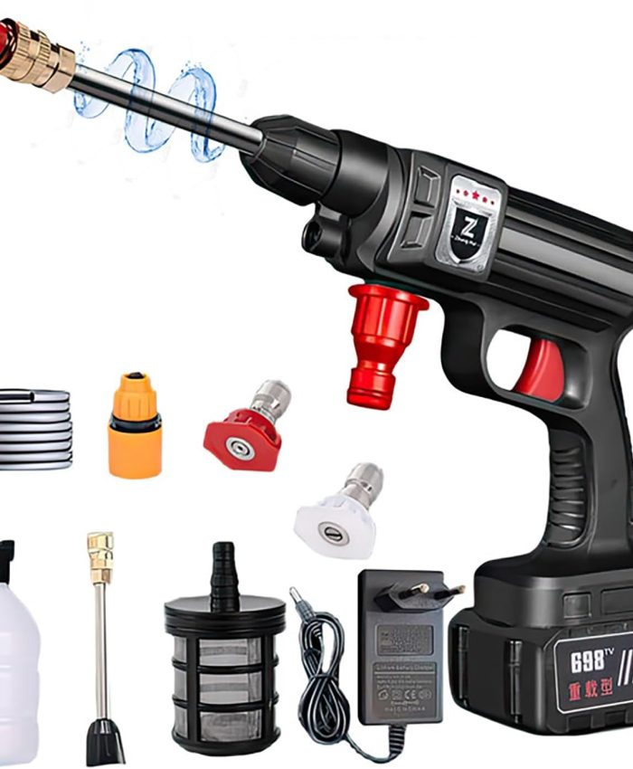 Alimenté par Pile Nettoyeur Haute Pression sur Batterie,30Bar 1500W 150 PSI Nettoyeur Haute Pression sans Fil Portable avec Accessoires, Watering Flowers, Cleaning Floors(EU)(10000mAh Batterie)