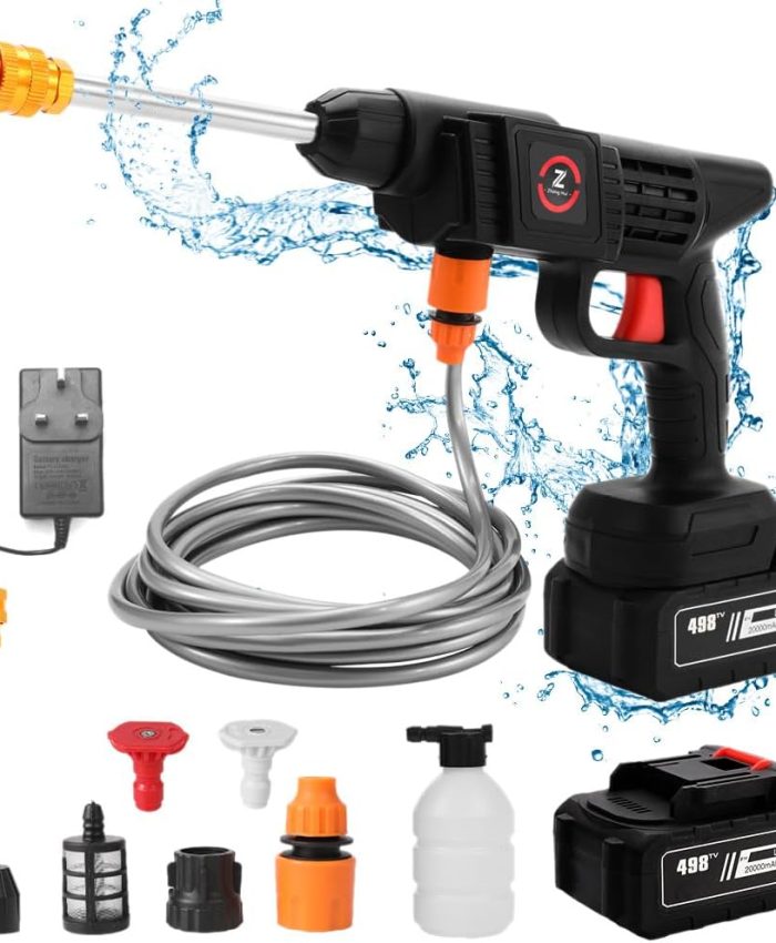 Nettoyeur Haute Pression, Pistolet Haute Pression sans Fil 50Bar, Nettoyeur Haute Pression sur 1 Batterie, Chargeur et Tuyau de 5M, pour Lavage et Arrosage de Voiture (20000mah)
