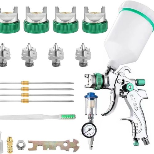 WOOLUCK® HVLP Pistolet à Peinture 600ml avec 4 Buses 1,4/1,7/2,0/2,5mm,Pistolet Peinture Pneumatique pour Les Murs, l&rsquo;automobile, Les travaux de rénovation (Vert)