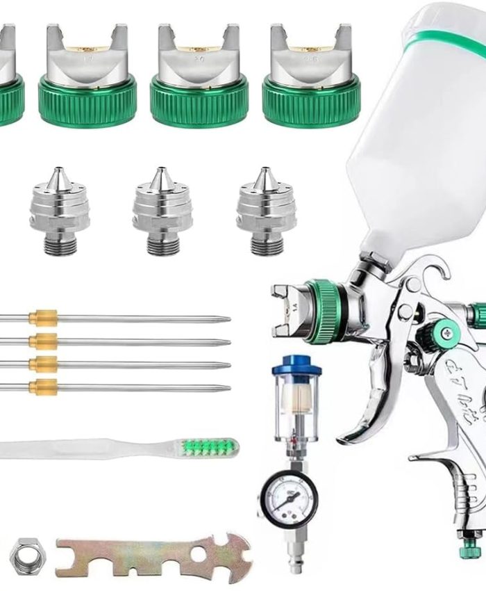 WOOLUCK® HVLP Pistolet à Peinture 600ml avec 4 Buses 1,4/1,7/2,0/2,5mm,Pistolet Peinture Pneumatique pour Les Murs, l&rsquo;automobile, Les travaux de rénovation (Vert)