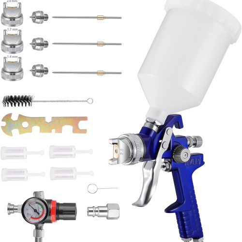 KKTECT HVLP Pistolet pulvérisateur à atomisation élevée Petit Pistolet de réparation de Meubles de Voiture avec régulateur de Pression d&rsquo;air Réservoir de Peinture 600 CC et 1.4/1.7/2.0MM Buses