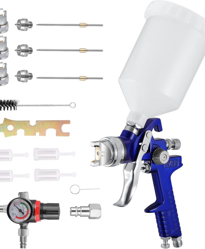 KKTECT HVLP Pistolet pulvérisateur à atomisation élevée Petit Pistolet de réparation de Meubles de Voiture avec régulateur de Pression d&rsquo;air Réservoir de Peinture 600 CC et 1.4/1.7/2.0MM Buses