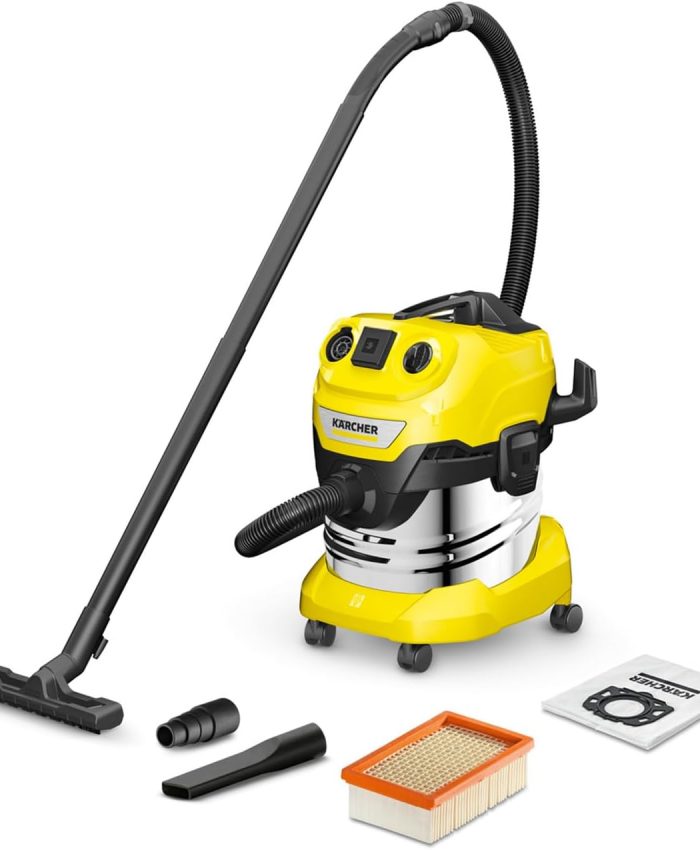 Kärcher Aspirateur Eau et Poussières WD 4 P S V-20/5/22, Puissance : 1000W, Cuve en Inox : 20L, Flexible d&rsquo;Aspiration : 2,2m, Soufflerie, Prise On/Off Auto, Filtre Plissé Plat, Sachet Filtre Ouate