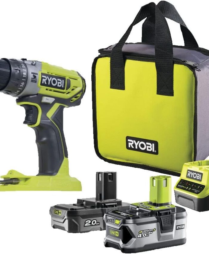 Ryobi – Perceuse-visseuse à percussion 18V ONE+ avec 1 batterie Lithium+ 2,0 Ah & 1 batterie Lithium+ 4,0 Ah – R18PD2-242S