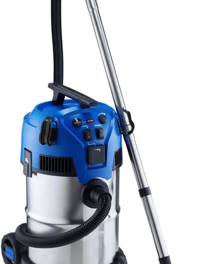 Nilfisk Multi II 30T Aspirateur en INOX avec Prise de Courant et Fonction de Nettoyage Semi-Automatique, Plastique, Bleu/Gris