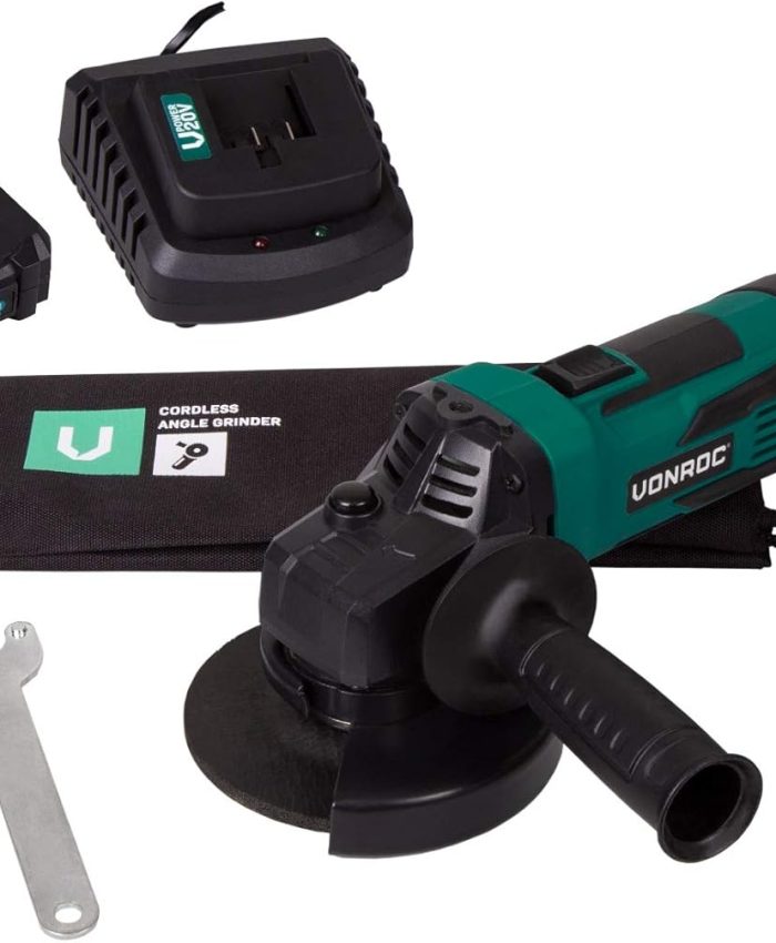 VONROC Meuleuse d&rsquo;Angle 20V – 115mm – Sans Fil, Légère et Polyvalente – Poignée SoftGrip – Coupe & Ponçage – Tout Type de Matériaux – 2 Batteries 2.0AH et Chargeur Inclus Disque à découper non inclus
