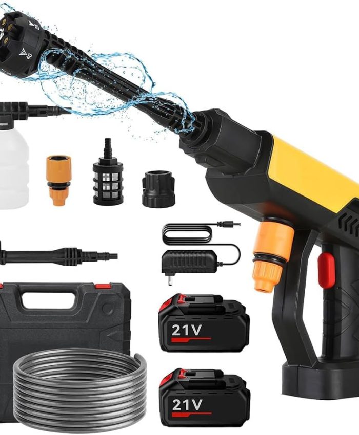 Nettoyeur haute pression sans fil, 21 V, 70 bar, mobile, avec 2 batteries de 15000 mAh, buse multifonction, 6 en 1, tuyau de 5 m, pour voitures, terrasse, fenêtres, pelouse (30 000 mAh)