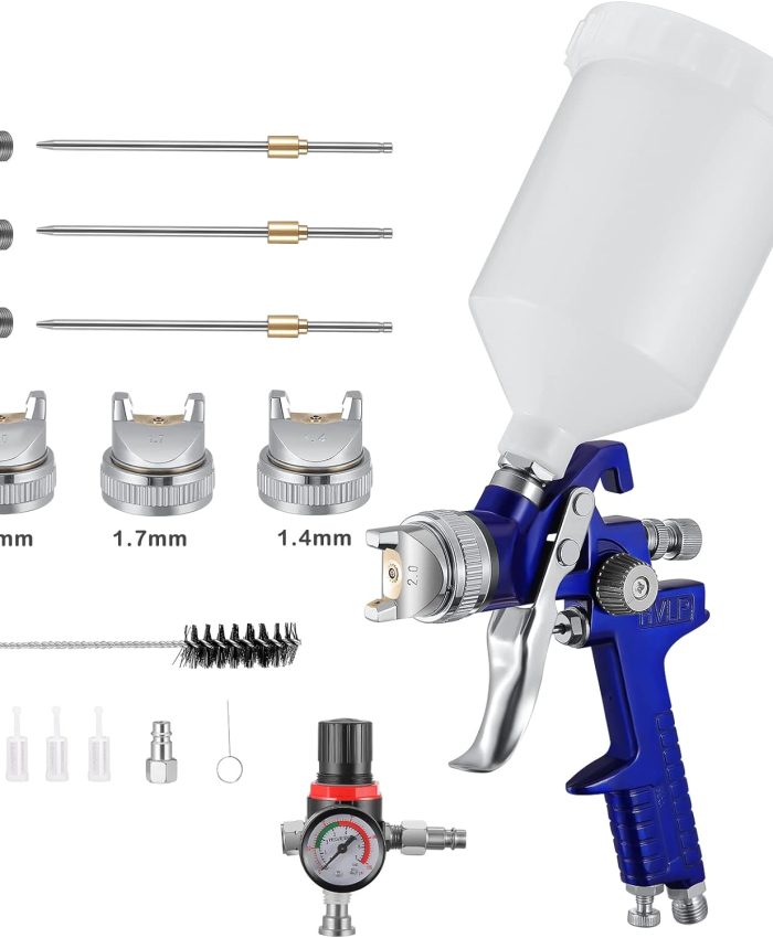 Yontwe HVLP Professionnel 600cc avec 3 Buses 1,4mm 1,7mm 2,0mm, Pistolet à Pulvérisation à Alimentation par Gravité avec régulateur d&rsquo;air