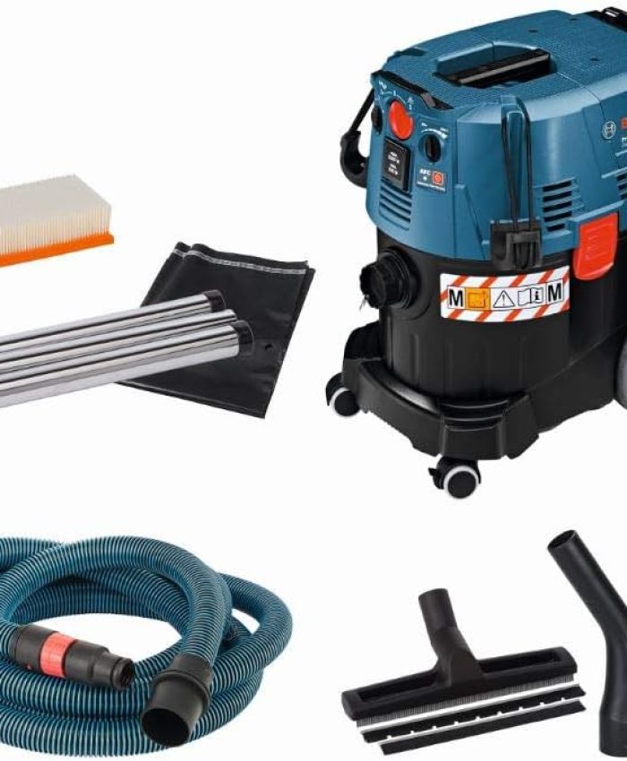 Bosch Professional aspirateur eau et poussière GAS 35 M AFC (sac jetable, coude, set suceurs droit pour sols Ø 35 mm, 1 filtre plissé plat PES, 3 tubes 0,35 m, flexible 5 m avec manchon)