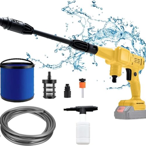 Nettoyeur Haute Pression sans Fil, Pistolet de Nettoyage à Pression Compatible avec Dewalt 20V Batterie, avec Tuyau de 5m, buse 40°, Filtre, pichet à Mousse, Seau Pliable de 9L (Outils Uniquement)
