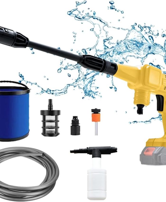 Nettoyeur Haute Pression sans Fil, Pistolet de Nettoyage à Pression Compatible avec Dewalt 20V Batterie, avec Tuyau de 5m, buse 40°, Filtre, pichet à Mousse, Seau Pliable de 9L (Outils Uniquement)