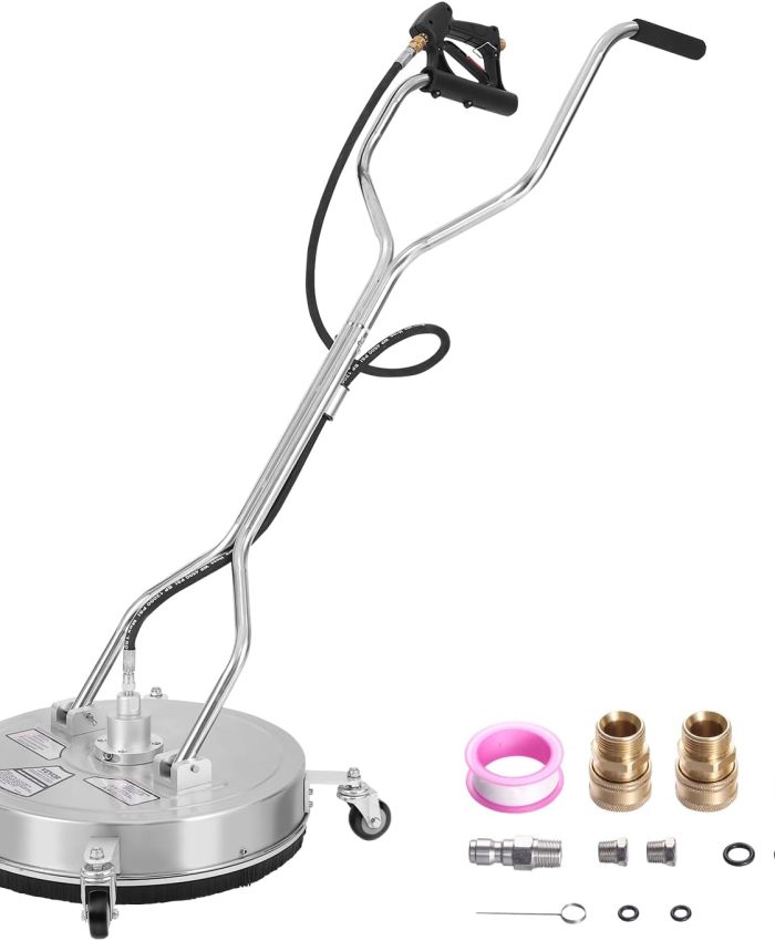 VEVOR Nettoyeur de Surface pour Nettoyeur Haute Pression 508 mm Accessoire Nettoyeur Sol Acier Inox sur Roues Poignée 310 bar Max. Connecteur 0,95 cm Adaptateur 0,635 cm Nettoyeur pour Allées Terrasse
