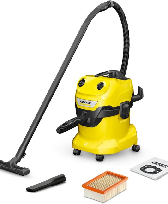 Kärcher Aspirateur Eau et Poussières WD 4 V-20/5/22, Puissance : 1000W, Cuve Polypropylène : 20L, Flexible d&rsquo;Aspiration : 2,2m, Soufflerie, Filtre Plissé Plat, Suceurs Sol Fentes, Sachet Filtre Ouate