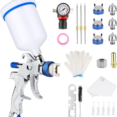HVLP Pistolet à peinture avec 3 buses 1,4/1,7/2,0 mm, gobelet en plastique de 600 ml, régulateur de pression d&rsquo;air, tamis de peinture, etc. Système de pulvérisation de peinture professionnel à air