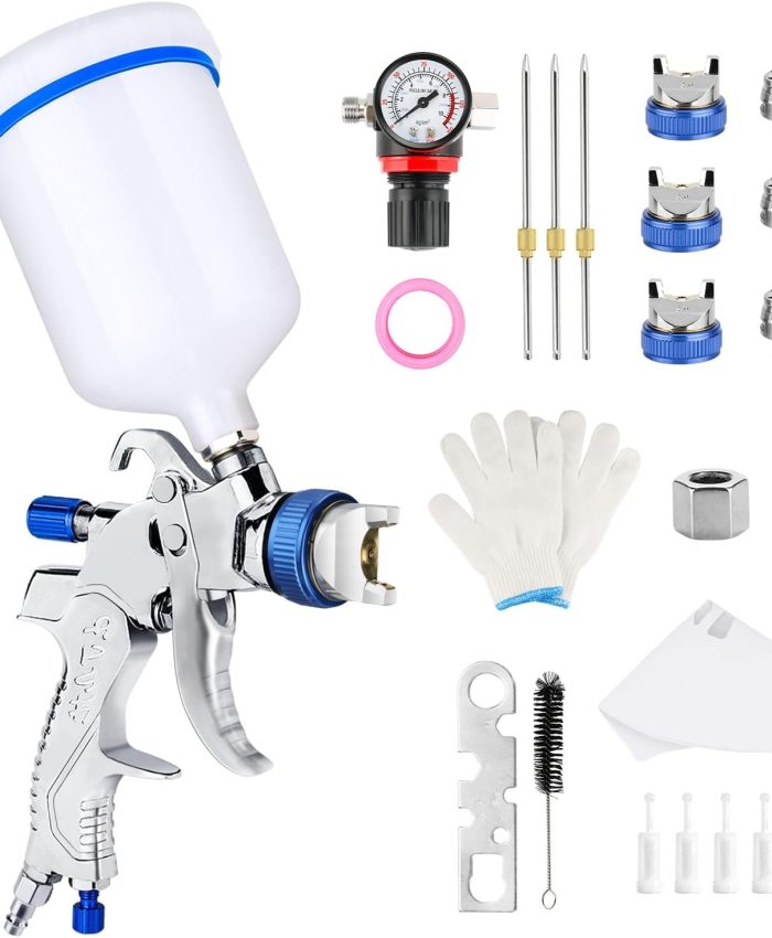 HVLP Pistolet à peinture avec 3 buses 1,4/1,7/2,0 mm, gobelet en plastique de 600 ml, régulateur de pression d&rsquo;air, tamis de peinture, etc. Système de pulvérisation de peinture professionnel à air