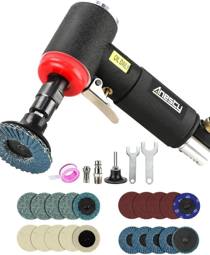 Meuleuse D’Angle Pneumatique Kit – Meuleuse à Air Comprimé Set inclure Mini Meuleuse D’Angle Pneumatique avec 20pcs 2 Pouces Disques Abrasifs Différents, 2 Mandrins 3mm & 6mm