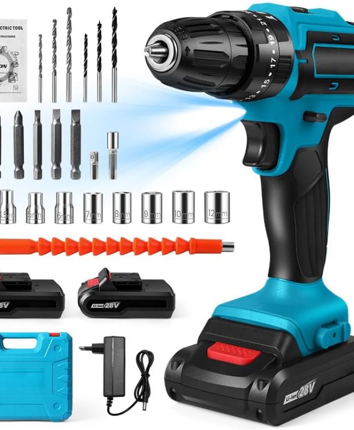 Perceuse Visseuse Devisseuse Sans Fil 28V, Visseuse Devisseuse Sans Fil avec 2 Batterie + 24 accessoires, 25+3 Réglages de Couple Lumières LED Visseuse Sans Fil pour la Bricolage