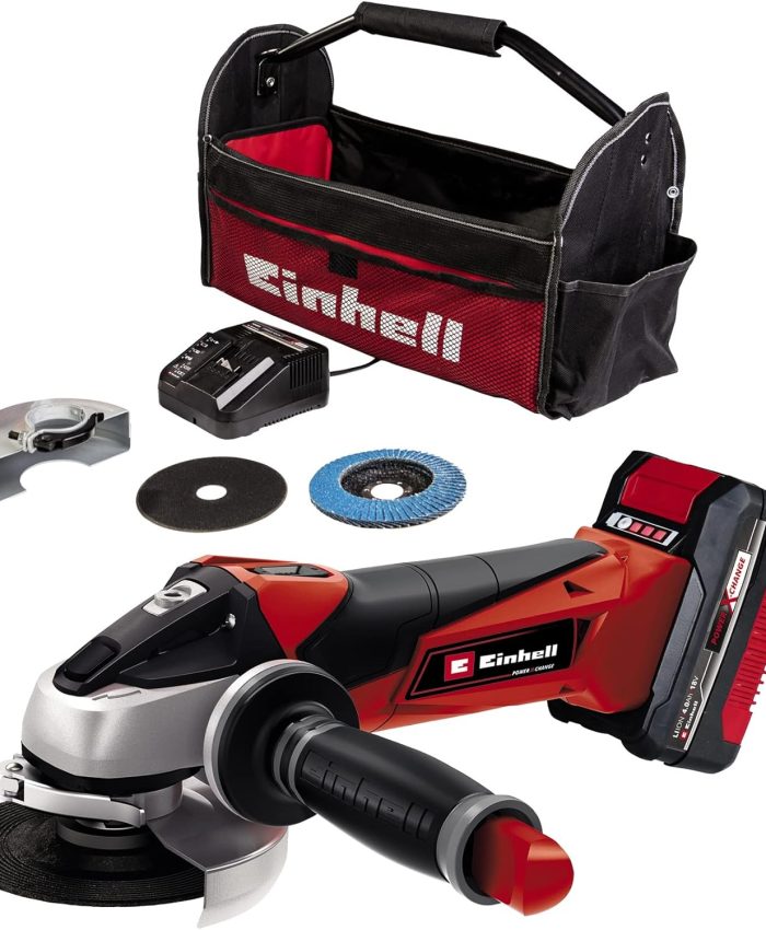 Einhell Meuleuse d’angle 115mm sans fil TE-AG 18/115 Li (1×4,0 Ah) Power X-Change (Li-Ion, 18V, régime max. 8 500 tr/min, profondeur de coupe 28 mm, disques Ø 115 mm, avec batterie 4,0 Ah et chargeur)