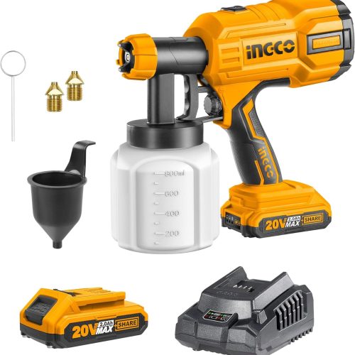 INGCO Pulvérisateur de Peinture sans Fil 20V, débit 800 ML/Min, 120DIN-s, 3 Modèles et 3 Buses, Pistolet Peinture électrique avec 1 Batterie 2.0Ah et Chargeur pour Meubles Clôtures Murs Portes Jardin
