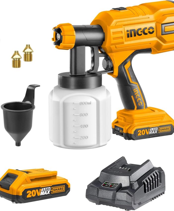 INGCO Pulvérisateur de Peinture sans Fil 20V, débit 800 ML/Min, 120DIN-s, 3 Modèles et 3 Buses, Pistolet Peinture électrique avec 1 Batterie 2.0Ah et Chargeur pour Meubles Clôtures Murs Portes Jardin