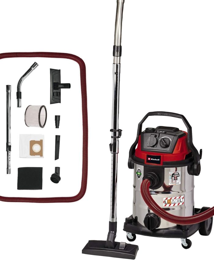 Einhell Aspirateur de chantier TE-VC 2025 SACL (1200W, classe de filtration L, pour particules de valeurs VLEP > 1 mg/m³, cuve inox 25 L, nettoyage du filtre, prise asservie, avec embouts)