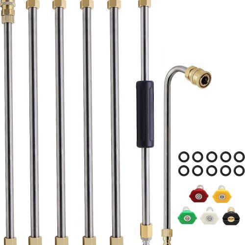 Lot de 7 Ensemble de baguette d&rsquo;extension pour nettoyeur haute pression, lance pour nettoyeur haute pression, outil de nettoyage de gouttière, avec 5 embouts de buse,10 anneaux anti-fuite (Argent)