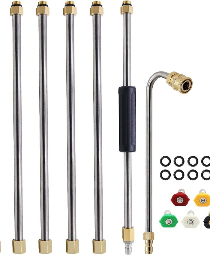 Lot de 7 Ensemble de baguette d&rsquo;extension pour nettoyeur haute pression, lance pour nettoyeur haute pression, outil de nettoyage de gouttière, avec 5 embouts de buse,10 anneaux anti-fuite (Argent)