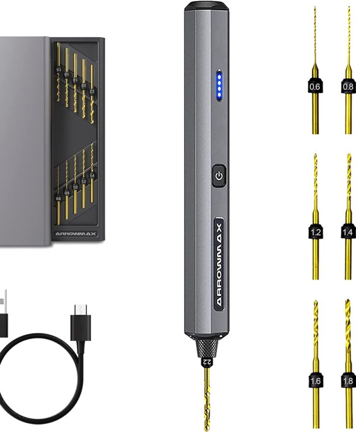 ARROWMAX Mini perceuse électrique 13 en 1 avec boîtier en aluminium, sans fil, rechargeable, 600 tr/min, kit de perceuse à main à étau, 10 mèches HSS, bricolage, bois, bijouterie (SDS MINI 22)