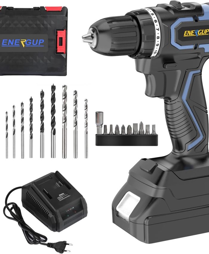 ENERGUP Perceuse Visseuse Sans Fil 20V,Perceuse Visseuse avec 3.0Ah Batterie et Chargeur,Mandrin 10mm,Perceuse Sans Fil 45Nm,2 Vitesses,20+1 Réglages de Couple pour Vis de Tournage de Jardin DIY