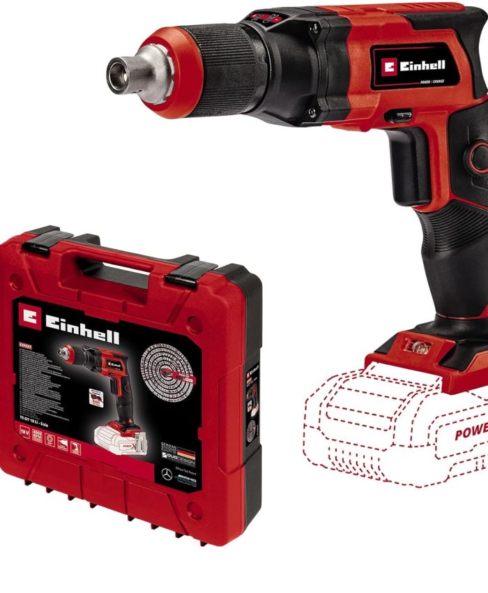 Einhell Visseuse cloisons sèches sans fil TE-DY 18 Li-Solo (18 V, bouton de blocage pour marche continue, une butée de profondeur réglable, vendu sans batterie ni chargeur, avec coffret E-Box S35)