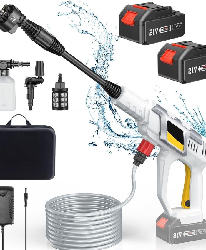 Avhrit Nettoyeur haute pression sans fil avec batterie 4000 mAh + 4000 mAh, pistolet haute pression 970 PSI avec buse 6 en 1, buse universelle, pistolet à mousse, 2 niveaux de pression, tuyau de 5 m,
