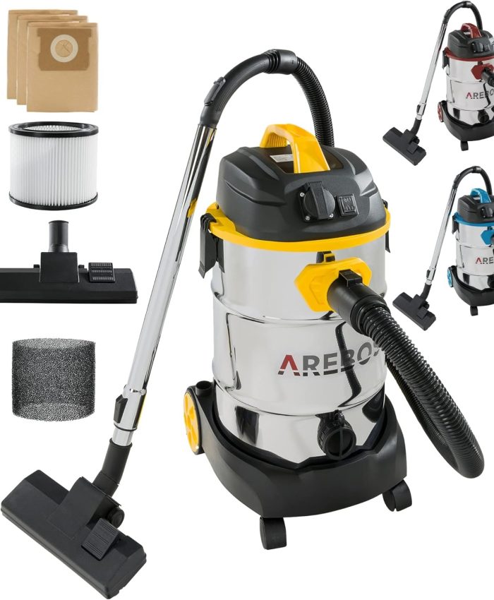 AREBOS Aspirateur Industriel 1600W | Aspirateur Eau et poussières | Aspirateur à Cendres pour cheminée & Barbecue | Aspirateur d&rsquo;atelier avec ou sans Sac | Cuve de 30 L | Jaune