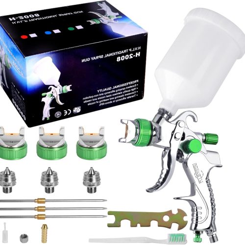Pistolet à Peinture Professionnel HVLP à gravité 600CC avec 3 Buses 1.4 mm 1.7 mm 2.0 mm pour réparation de Voiture Kit de Peinture à l&rsquo;aérographe (Vert)
