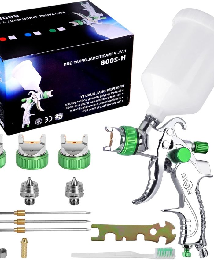 Pistolet à Peinture Professionnel HVLP à gravité 600CC avec 3 Buses 1.4 mm 1.7 mm 2.0 mm pour réparation de Voiture Kit de Peinture à l&rsquo;aérographe (Vert)